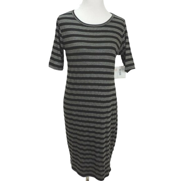 Lularoe Julie Dress Black Grey Striped New Large - Picture 1 of 9